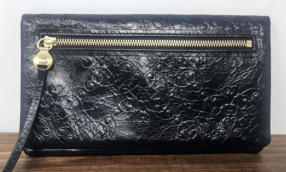 HOBO Lumen Continental Bifold Wallet Black Classic Embossed Genuine Leather